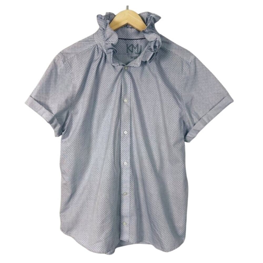 KMJ women’s Button Up Shirt large White Blue Ruffle Collar reworked Preppy Work